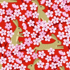Bunnies and Blossoms Gold Rabbits on Red Background with Plum Blossoms