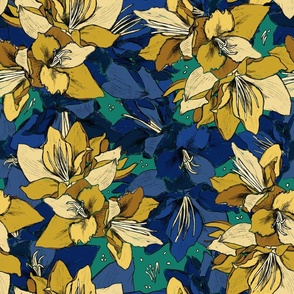 Lilies in gold and deep blue shades