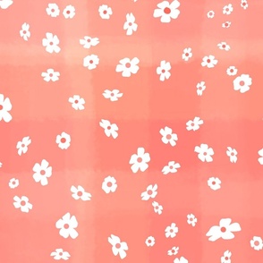 little white flowers on  a pink / salmon / coral watercolor gradient