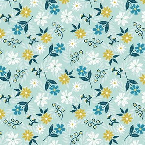 Flowers in White and Gold on a Green Background  (Medium Scale)