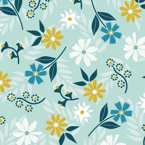  Flowers on White and Gold on a Green Background (Large Scale)