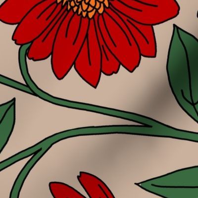 large scale block print coneflowers in red on beige