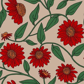 large scale block print coneflowers in red on beige