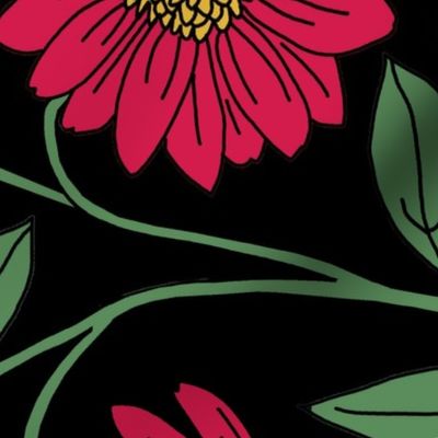 large scale block-print coneflowers in pink on black