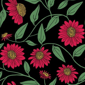 large scale block-print coneflowers in pink on black