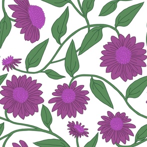 large scale block-print coneflowers mauve purple on white