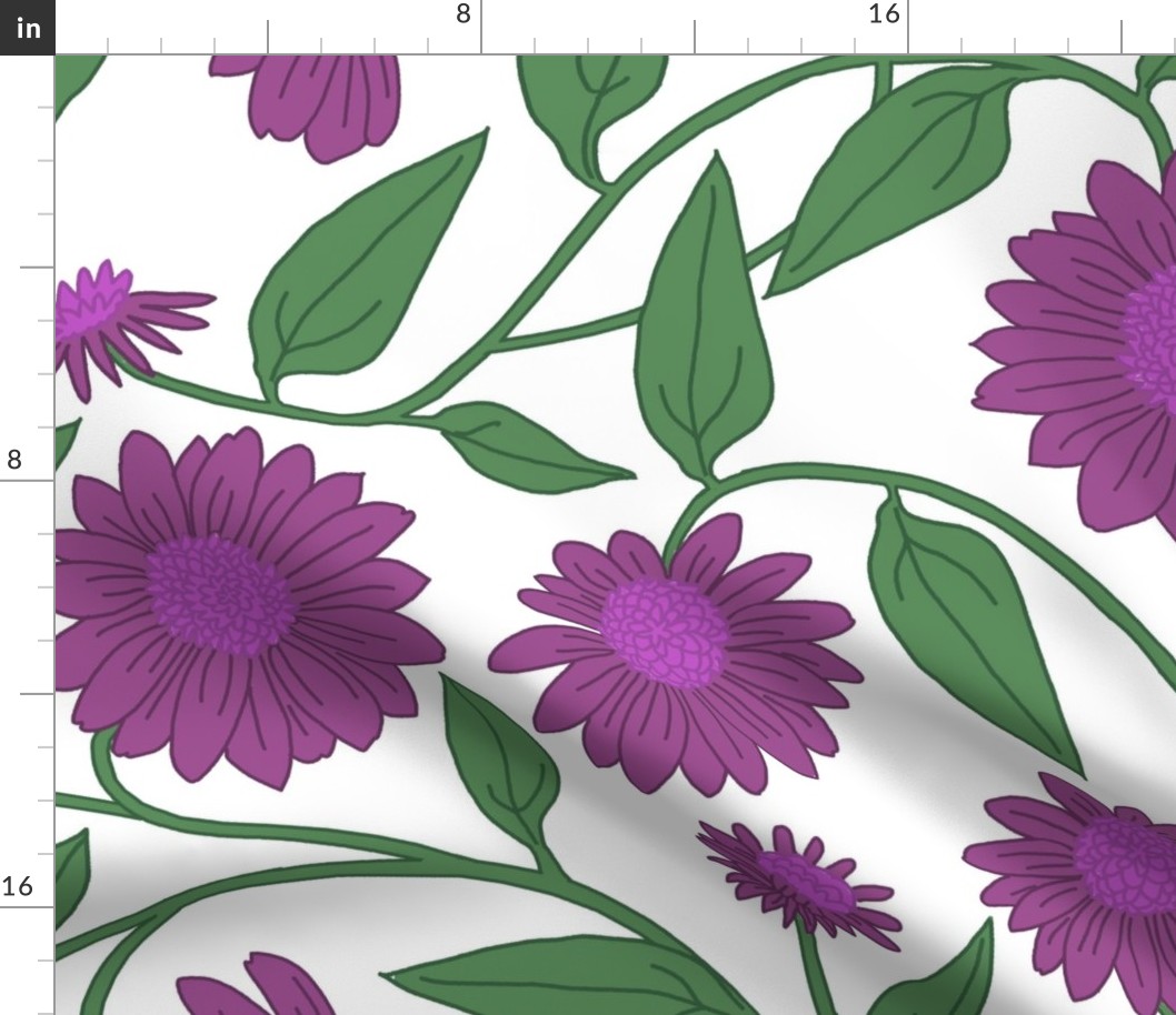 large scale block-print coneflowers mauve purple on white