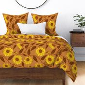 large scale block print coneflower allover yellow beige and brown