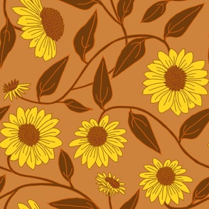 large scale block print coneflower allover yellow beige and brown