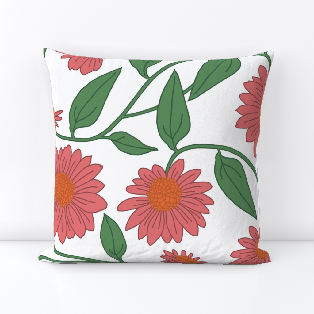 large scale block print coneflowers peachy pink on white