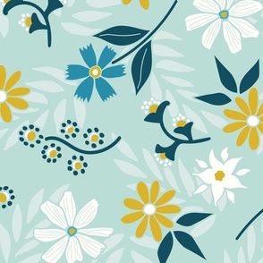 Flowers on White and Gold on a Green Background  (X Large Scale) 