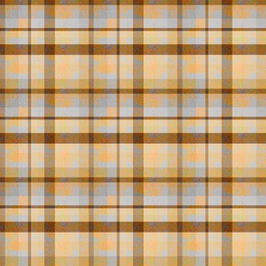 Memphis Ignite Plaid with crackle overlay Yellow and brown hues, grey blue 