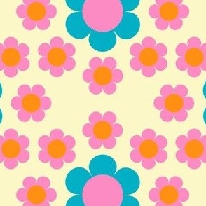 Daisy Circles Pink and Blue on Cream