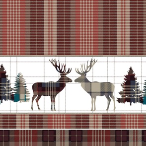 Earthy Forest Plaid with Pine Trees and Bull Elk Buck Stag Deer Animals 