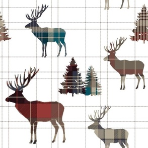 Plaid Forest Animals Regal Bull Elk Buck Stag Deer and Pine Trees