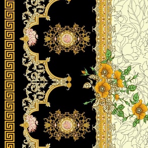 Black Floral Maximalist Panel with Golden Ornamentations