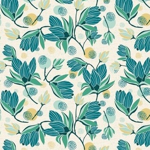 Magnolia Blossom - Floral Ivory Teal Small Scale
