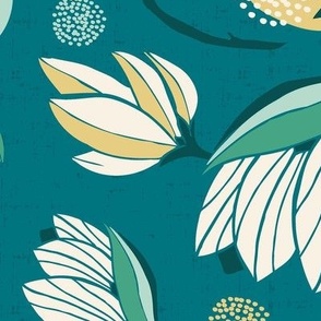 Magnolia Blossom - Floral Teal  Ivory Large Scale