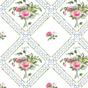 Canton Rose tiled bouquet, pink, green, white, blue