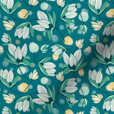 Magnolia Blossom - Floral Teal  Ivory Small Scale