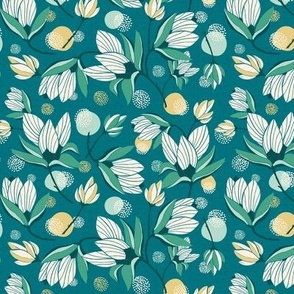 Magnolia Blossom - Floral Teal  Ivory Small Scale