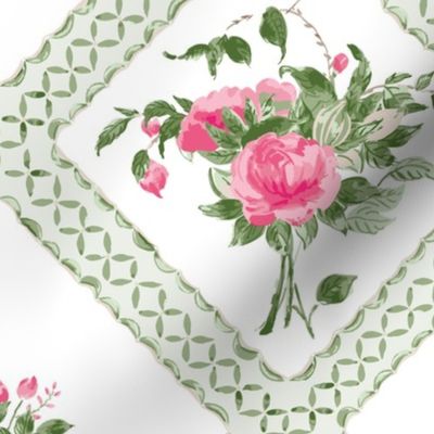 Canton Rose tiled bouquet, pink, green, white, with green stripe