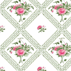 Canton Rose tiled bouquet, pink, green, white, with green stripe