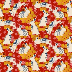 Year of the Rabbit Porcelain Bunnies and Gold Honeycombs on Red Background 