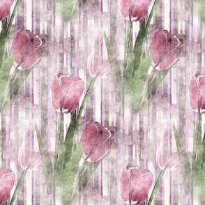 Pink Watercolor Tulips on Rustic Stripes