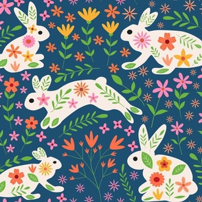 Cute Rabbits with Colorful Whimsical Flowers on Navy Blue 