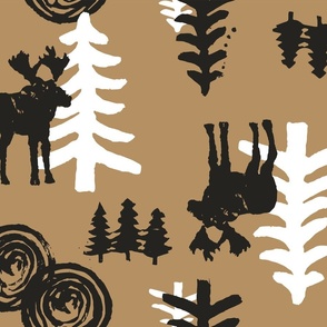 Woodland Forest Moose Block Print in Black Brown White / Large Scale / Two Way