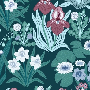 Space of Flowers Millefleur - Teal - Large Scale