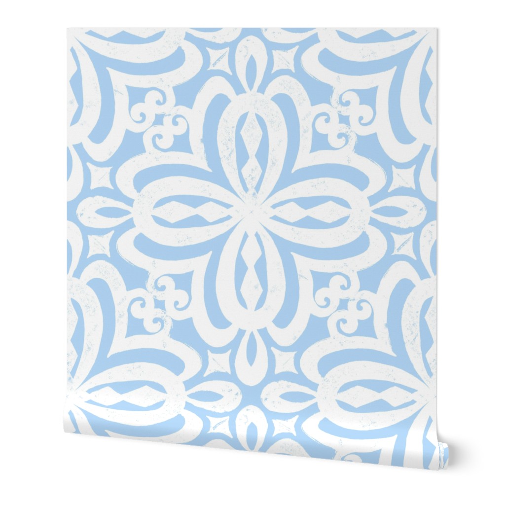 Blue Cornflower Damask Quatrefoil Block Print by Angel Gerardo - Jumbo Scale