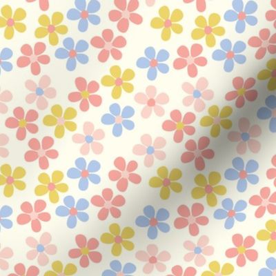 tiny florals, small florals, ditsy daisies, warm tones, yellow, cream, peach, pink, coral,  baby blue, mustard, groovy florals, cute, vintage, sweet
