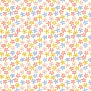 tiny florals, small florals, ditsy daisies, warm tones, yellow, cream, peach, pink, coral,  baby blue, mustard, groovy florals, cute, vintage, sweet