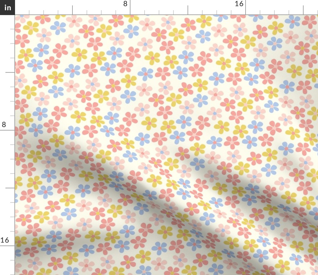 tiny florals, small florals, ditsy daisies, warm tones, yellow, cream, peach, pink, coral,  baby blue, mustard, groovy florals, cute, vintage, sweet