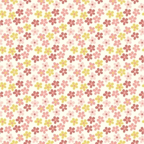 tiny florals, small florals, ditsy daisies, warm tones, yellow, rust, cream, peach, pink, dusty pink,  groovy florals, cute, vintage, sweet