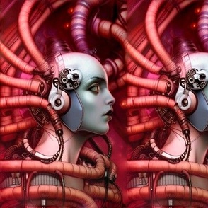 8 biomechanical bioorganic female red woman tentacles monsters cables wires cybernetics machine demons side profile aliens sci-fi science fiction futuristic flesh Halloween scary horrifying morbid macabre spooky eerie frightening disgusting grotesque heav