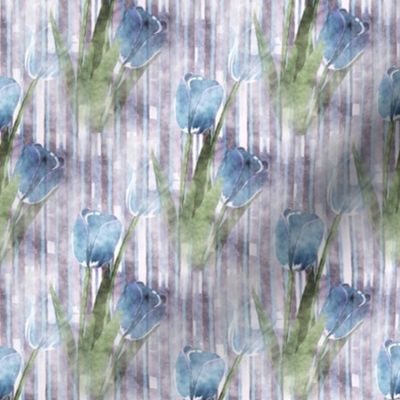 Blue Watercolor Tulips on Rustic Stripes
