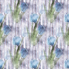 Blue Watercolor Tulips on Rustic Stripes