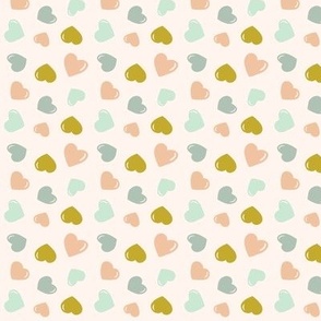 Sweet, Small, Hearts in Mint Blue, Moss Green, Mustard Yellow, and Pink