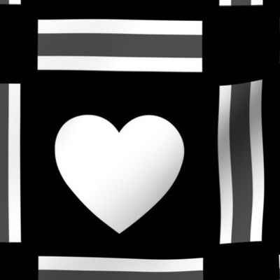 White Hearts on black  squares  Fabric