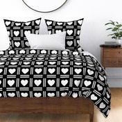 White Hearts on black  squares  Fabric