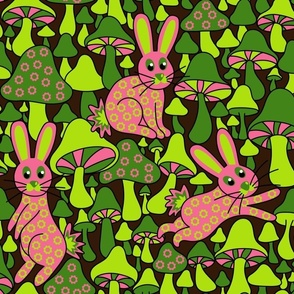 Bunnies in Fungi Town - Pink & Green