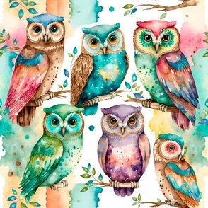 cute colorful watercolor owls 