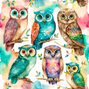 colorful watercolor owls