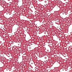 Rabbits and daisies - on viva Magenta Red - Extra Small scale