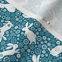 Rabbits and daisies - on Teal blue - Extra Small