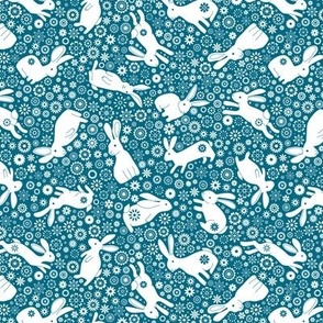 Rabbits and daisies - on Teal blue - Extra Small