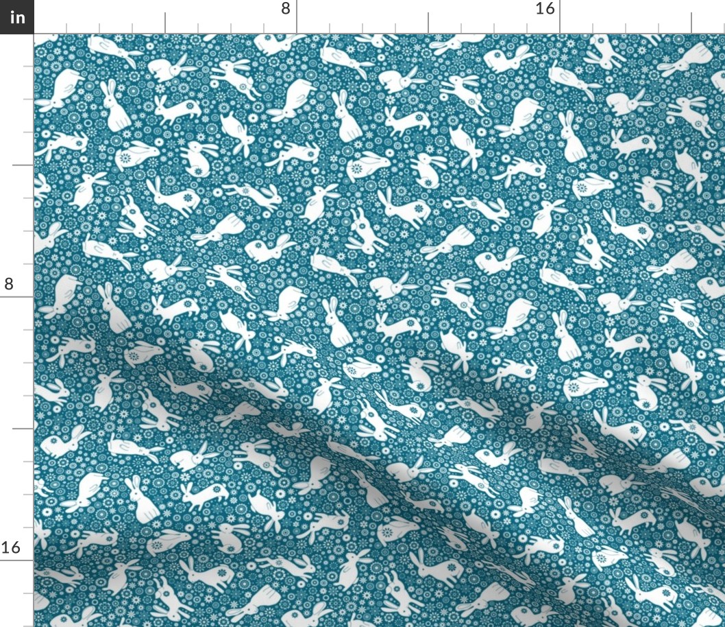 Rabbits and daisies - on Teal blue - Extra Small